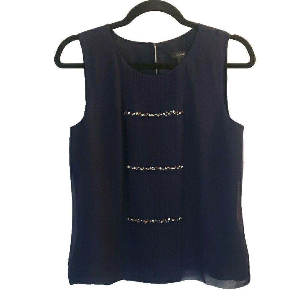 J. Crew Navy Blue Sleeveless Blouse Pleating Rhinestones Silk Lined Size 6